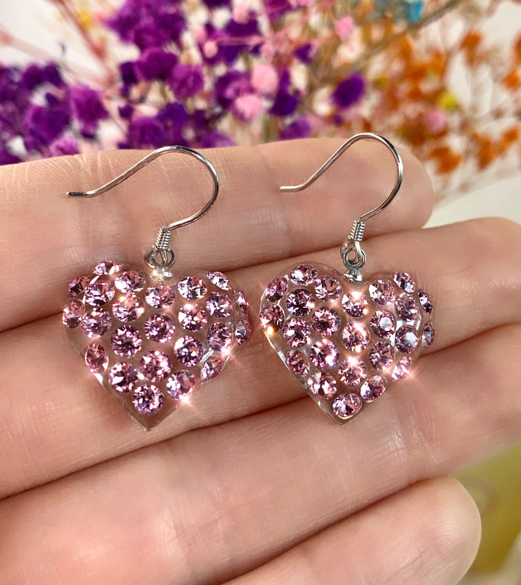 Heart Shaped Lucite Earrings With Pink Crystals