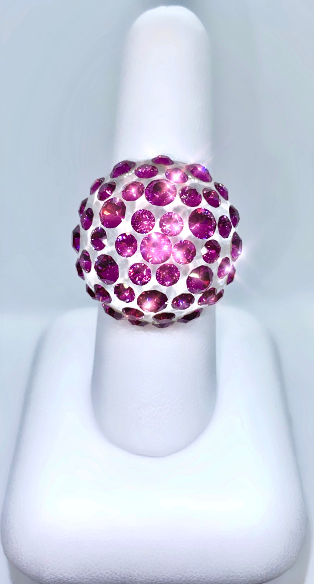 Clear Acrylic Dome Ring With Fuchsia Crystal Rhinestones