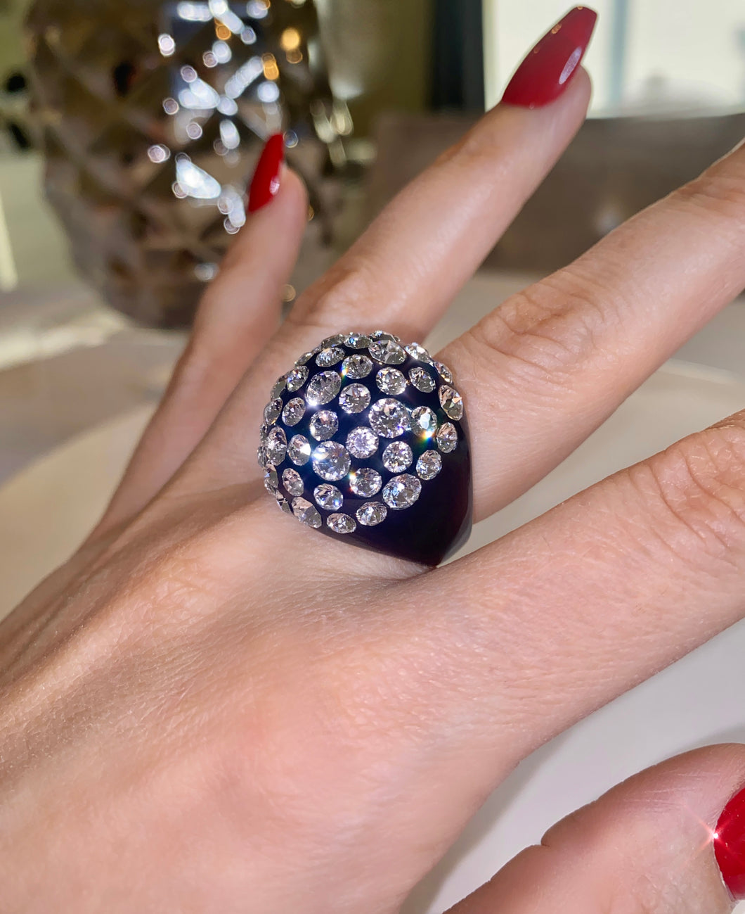 Black Acrylic Ring With Crystal Rhinestones