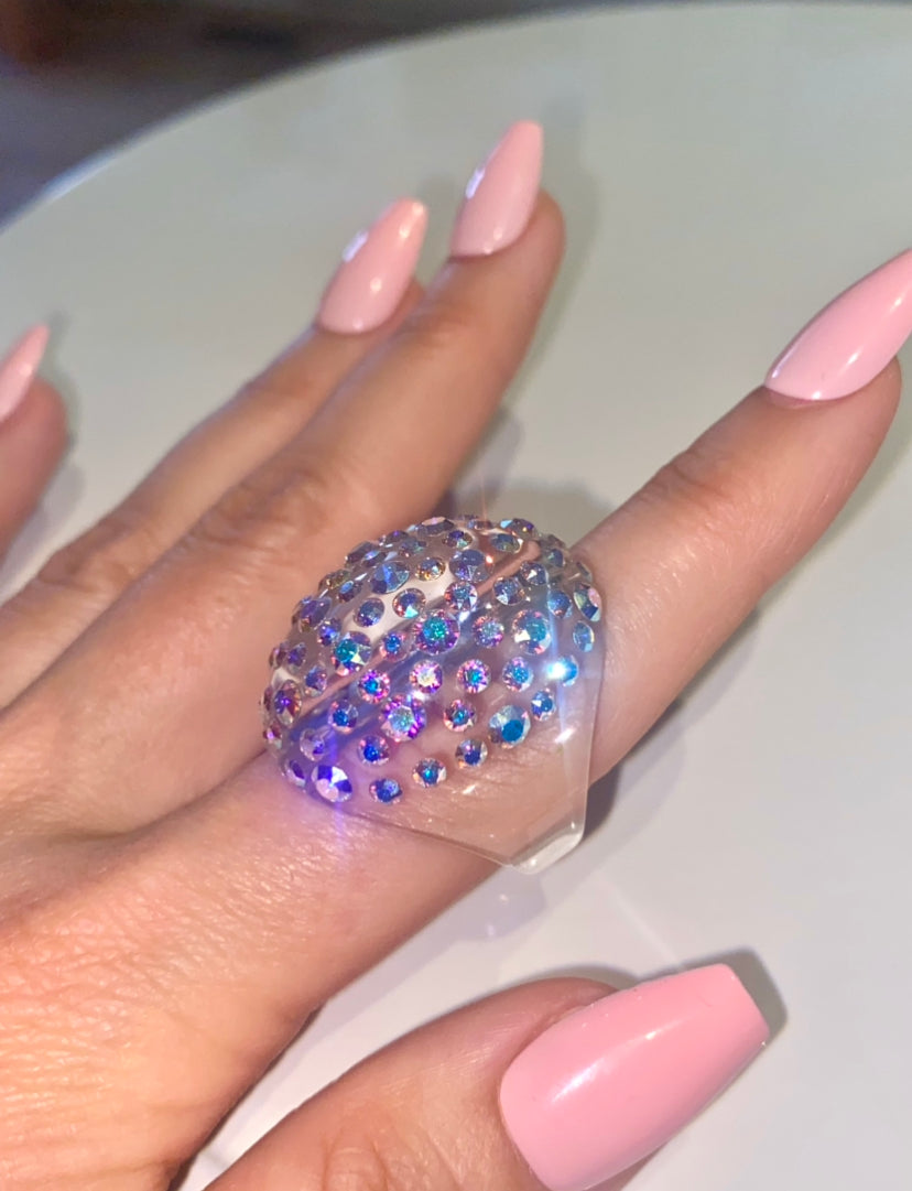 Oval Acrylic Crystal Ring With Aurora Borealis Crystals