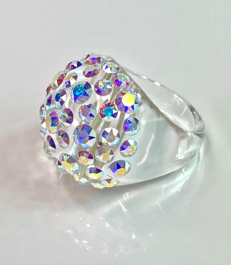 Clear Acrylic Dome Ring With Aurora Borealis Crystal Rhinestones