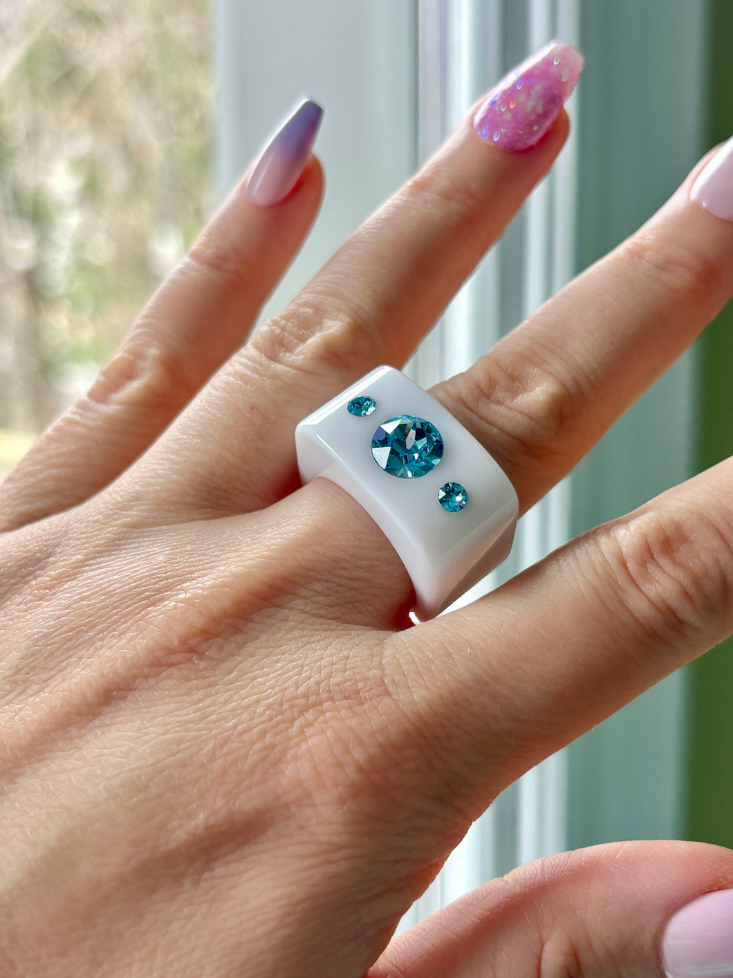 White Acrylic Blue Crystal Cube Ring