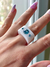 White Acrylic Blue Crystal Cube Ring