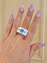 White Acrylic Blue Crystal Cube Ring
