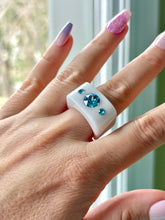 White Acrylic Blue Crystal Cube Ring