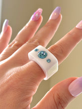 White Acrylic Blue Crystal Cube Ring