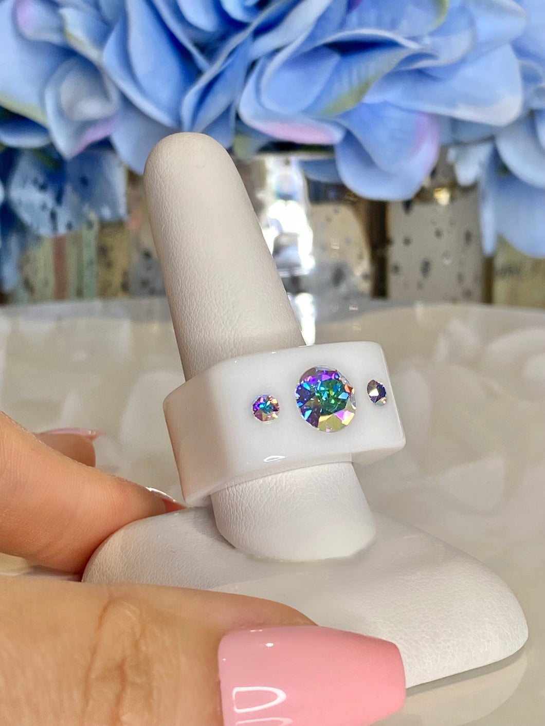 White Acrylic Cube Ring With Aurora Borealis Crystals