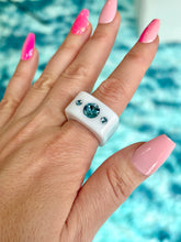 White Acrylic Blue Crystal Cube Ring