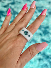 White Acrylic Blue Crystal Cube Ring