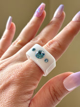 White Acrylic Blue Crystal Cube Ring