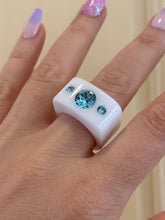 White Acrylic Blue Crystal Cube Ring