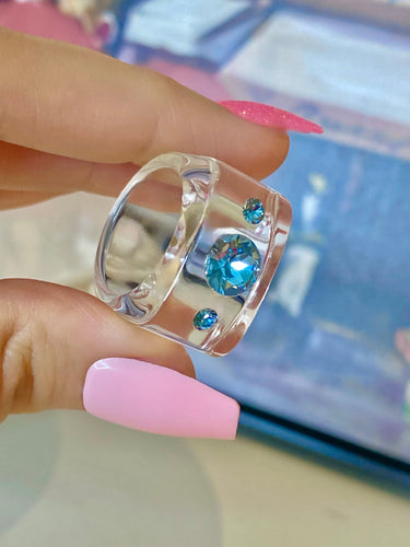 Acrylic Cube Ring With Blue Crystals