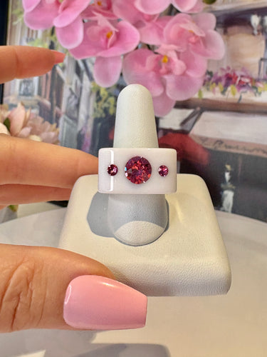 White Acrylic Cube Ring With Pink Crystals