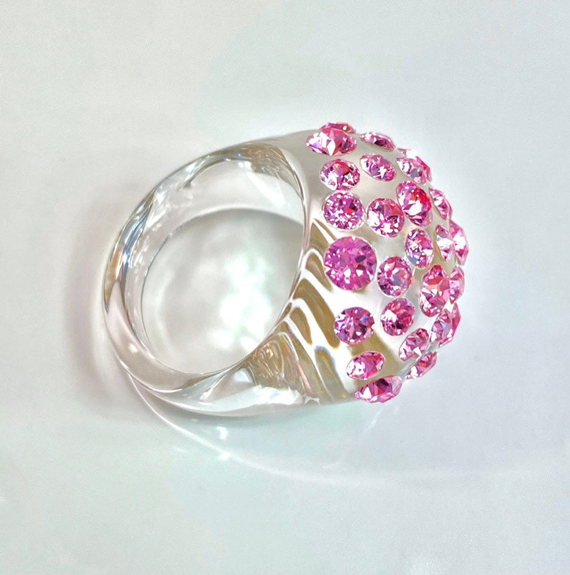 Clear Acrylic Dome Ring With Pink Crystal Rhinestones