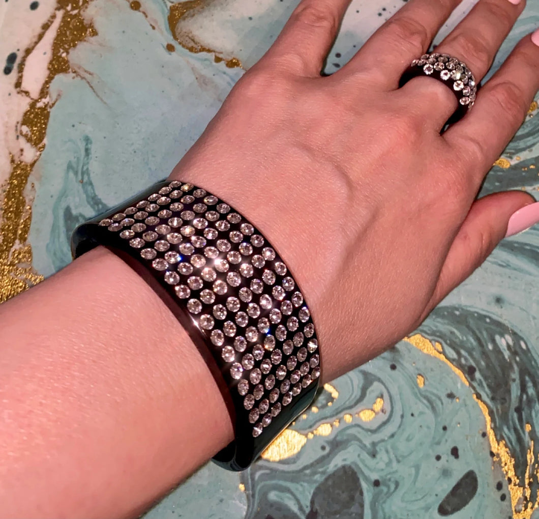 Black Acrylic Statement Cuff Bracelet With Crystal Rhinestones